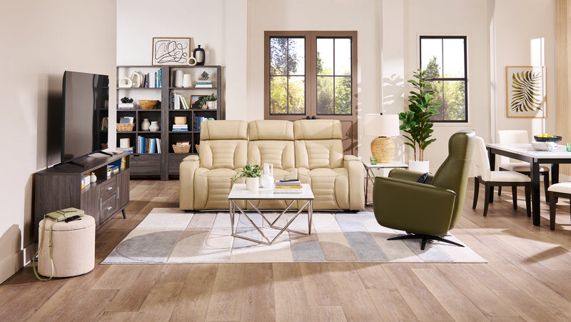 Sofa de massage à inclinaison électrique Zen de 86 po en tissu d’apparence cuir avec appuie-têtes électriques et console rabattable - abricot