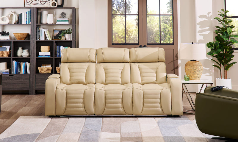 Sofa de massage à inclinaison électrique Zen de 86 po en tissu d’apparence cuir avec appuie-têtes électriques et console rabattable - abricot