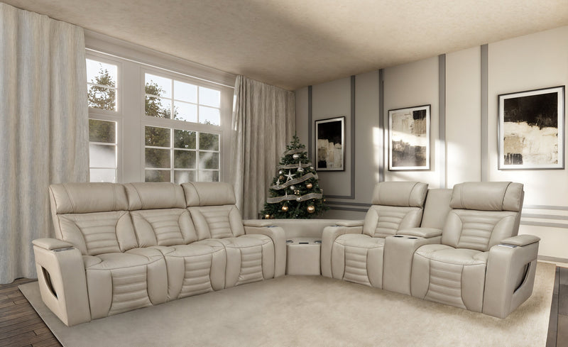 Sofa sectionnel à inclinaison électrique Zen 3 pièces en tissu d’apparence cuir avec massage, console rabattable et compartiment réfrigéré - abricot