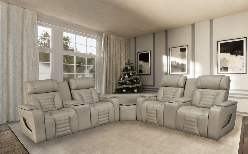 Sofa sectionnel à inclinaison électrique Zen 3 pièces en tissu d’apparence cuir avec massage et 2 consoles avec réfrigérateur - abricot