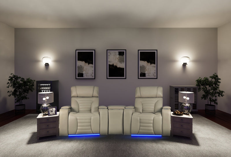 Sofa sectionnel à inclinaison électrique Zen 3 pièces de style cinéma maison en tissu d’apparence cuir avec massage et console de rangement - abricot
