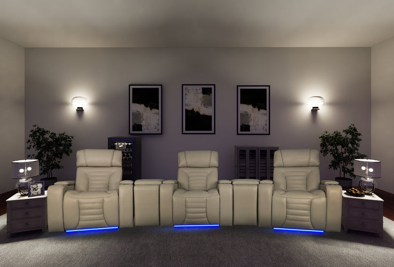 Sofa sectionnel à inclinaison électrique Zen 5 pièces de style cinéma maison en tissu d’apparence cuir avec massage et 2 consoles de rangement - abricot