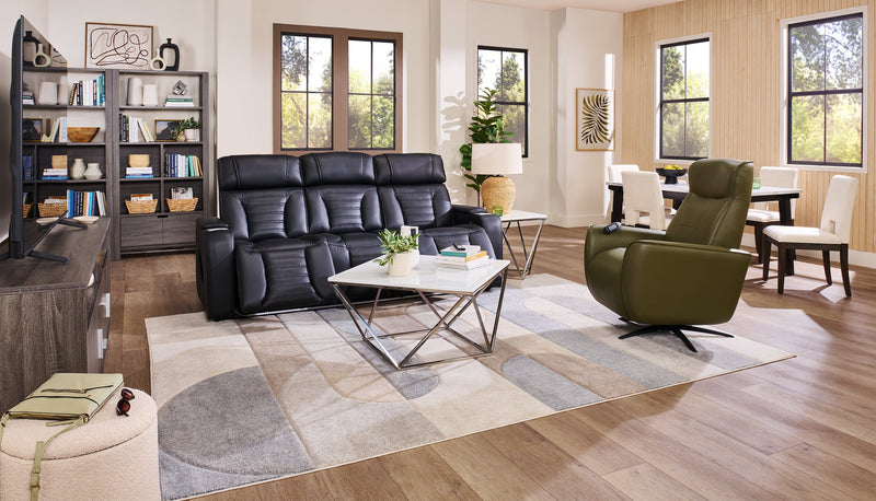 Sofa de massage à inclinaison électrique Zen de 86 po en tissu d’apparence cuir avec appuie-têtes électriques et console rabattable - noir