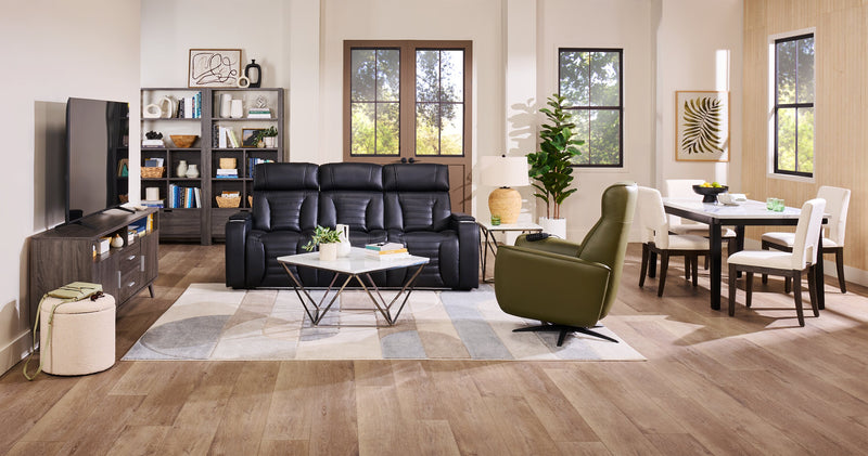 Sofa de massage à inclinaison électrique Zen de 86 po en tissu d’apparence cuir avec appuie-têtes électriques et console rabattable - noir