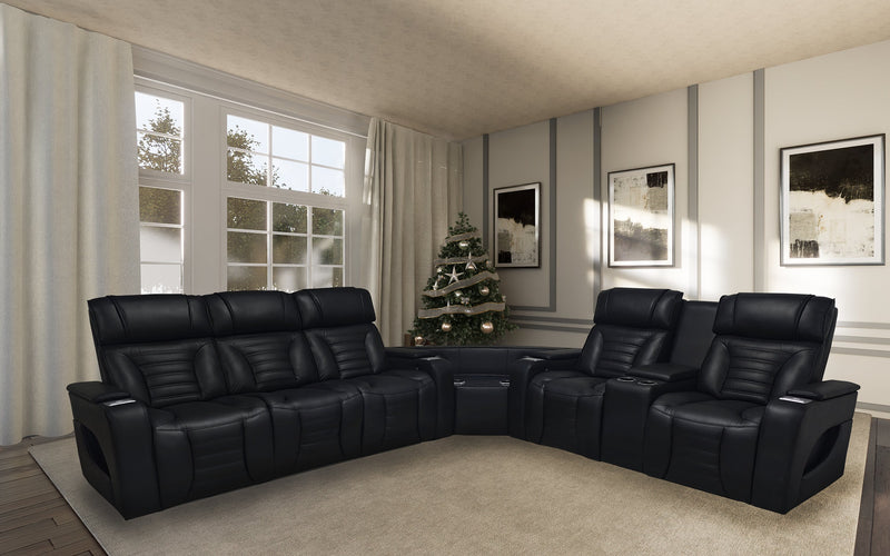 Sofa sectionnel à inclinaison électrique Zen 3 pièces en tissu d’apparence cuir avec massage, console rabattable et compartiment réfrigéré - noir