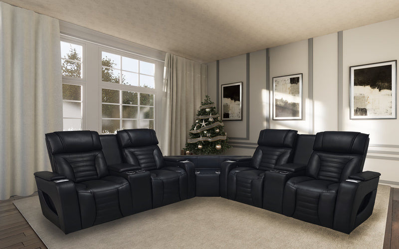 Sofa sectionnel à inclinaison électrique Zen 3 pièces en tissu d’apparence cuir avec massage et 2 consoles à compartiment réfrigéré - noir