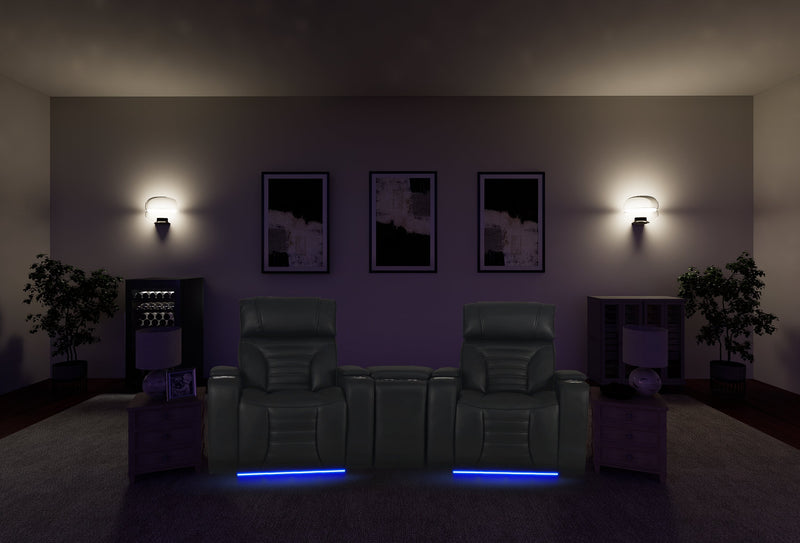 Sofa sectionnel à inclinaison électrique Zen 3 pièces de style cinéma maison en tissu d’apparence cuir avec massage et console de rangement - noir