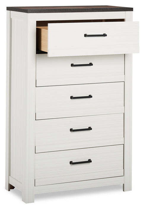 Commode verticale Zoey de 31,5 po (L) x 50,7 po (H) à 5 tiroirs pour la chambre à coucher - deux teintes, blanc et brun