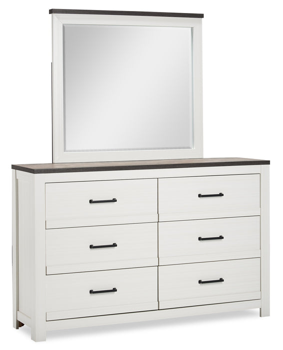 Commode Zoey de 58,3 po (L) x 37,1 po (H) à 6 tiroirs pour la chambre à coucher - deux teintes, blanc et brun