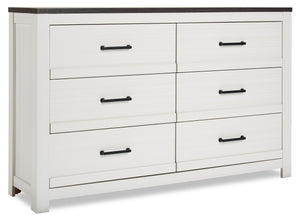 Commode Zoey de 58,3 po (L) x 37,1 po (H) à 6 tiroirs pour la chambre à coucher - deux teintes, blanc et brun