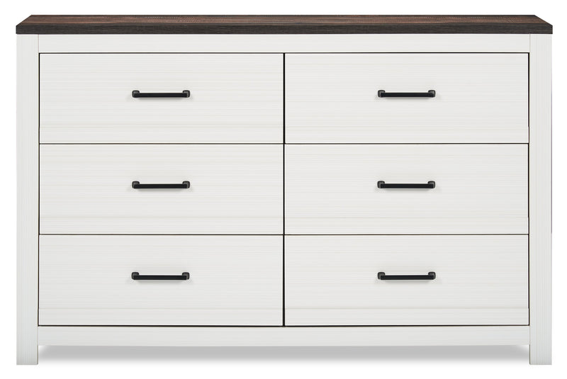 Commode Zoey de 58,3 po (L) x 37,1 po (H) à 6 tiroirs pour la chambre à coucher - deux teintes, blanc et brun