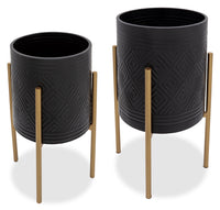 Pot à fleurs à motif aztèque en fer noir et doré - ensemble de 2