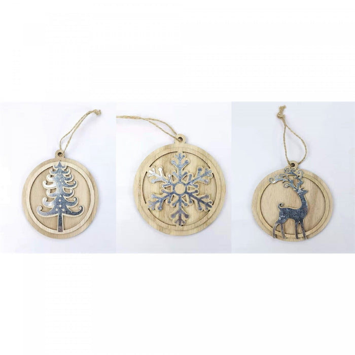 Ornement plat rond en bois avec forme en métal - ensemble de 6 ornements de Noël
