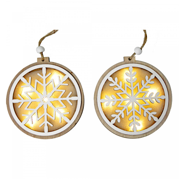 Ornement rond en bois à DEL orné d’un flocon de neige - ensemble de 12 ornements de Noël