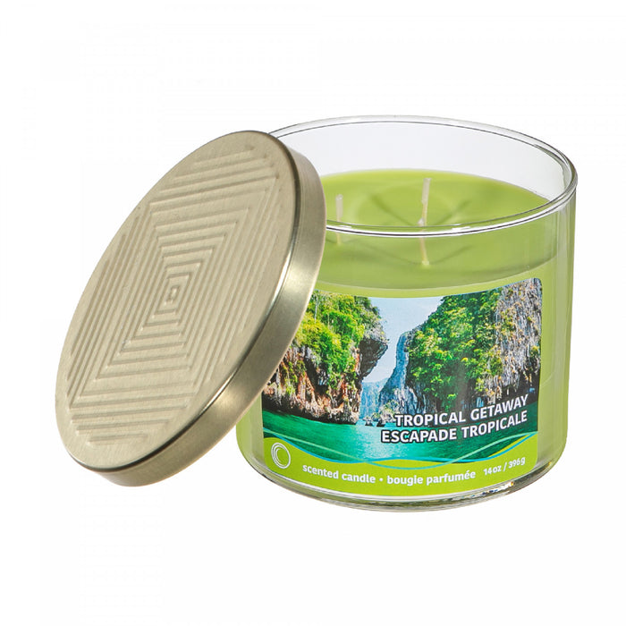 Bougie dans un pot de 14 oz à 3 mèches à arôme d’escapade tropicale avec couvercle embossé - ensemble de 2