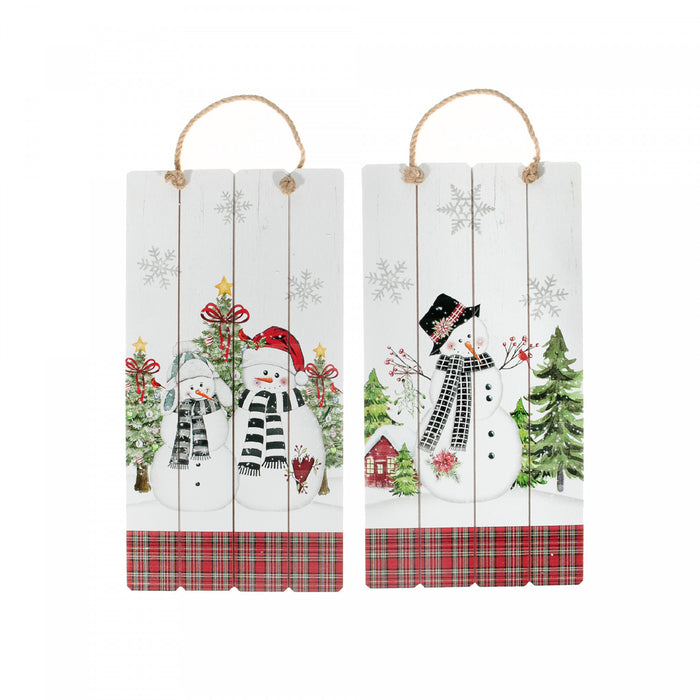 Décoration murale rectangulaire à carreaux avec bonhomme de neige - ensemble de 2