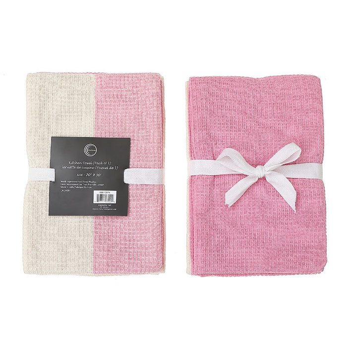 Paquet de 3 linges à vaisselle rose tendre à motif gaufré double pour la cuisine