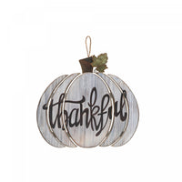 Décoration murale en forme de citrouille « Thankful » blanche en bois