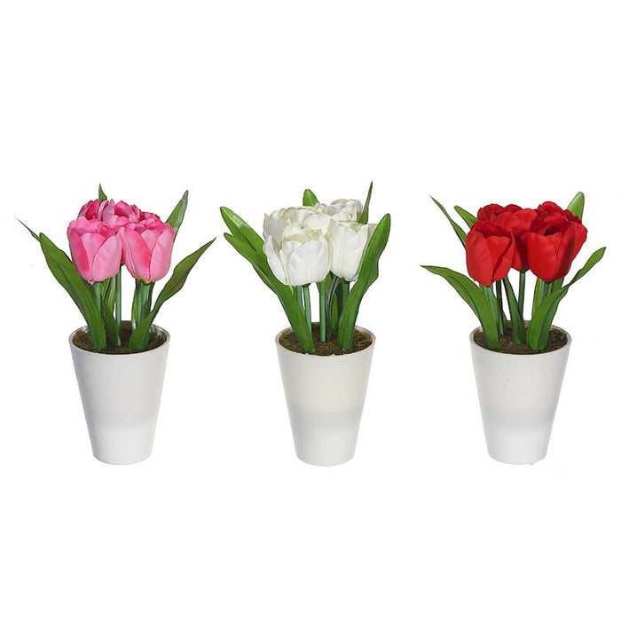 Tulipes artificielles dans un pot en plastique blanc - ensemble de 3 fleurs artificielles