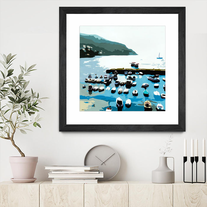 Œuvre d’art murale encadrée noire et mate « Boats » 30 x 30