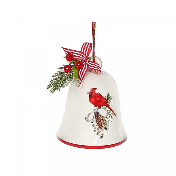 Ornement en forme de cloche de Noël en céramique avec ruban et orné d’un cardinal sur une pomme de pin - ensemble de 4 ornements de Noël
