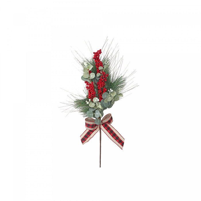 Rameau mixte avec baies, eucalyptus et boucle à point à carreaux rouge - ensemble de 3 fleurs artificielles