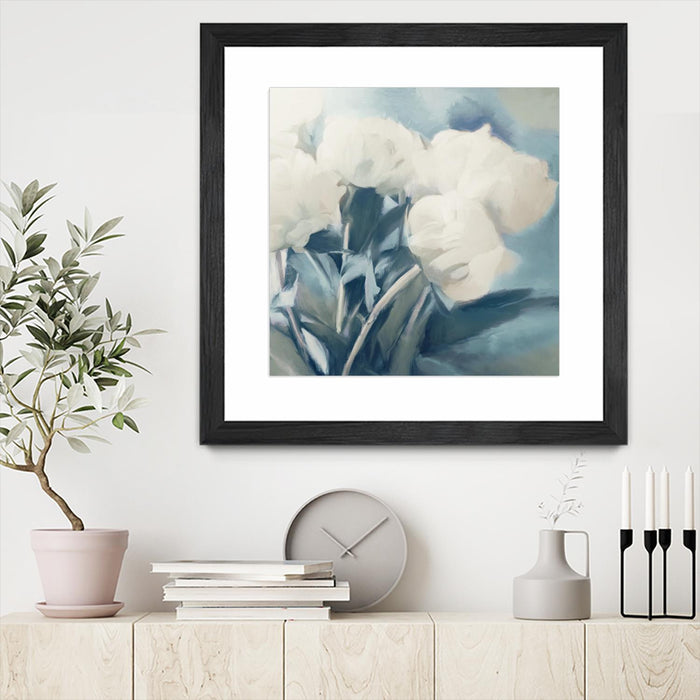Œuvre d’art murale encadrée noire et mate « White Roses I » 36 x 36