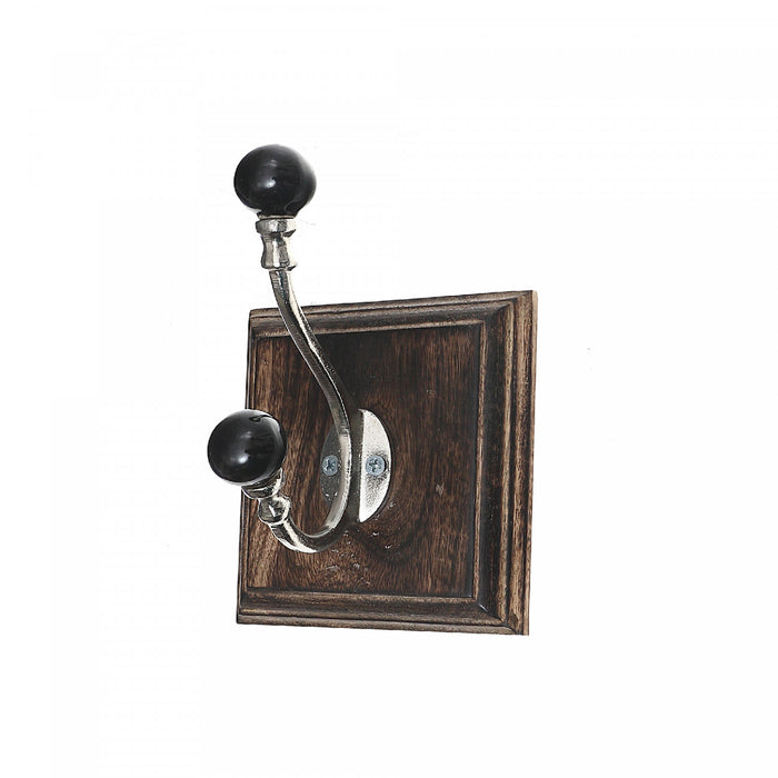 Crochet de couleur nickel antique avec boutons noirs et base en bois de couleur noisette - ensemble de 2 crochets