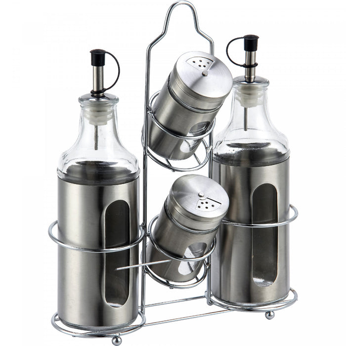 Deux pots à sauce avec salière et poivrière sur un support