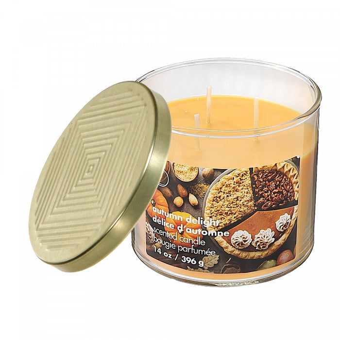 Bougie dans un pot de 14 oz à 3 mèches à arôme de délice d’automne avec couvercle