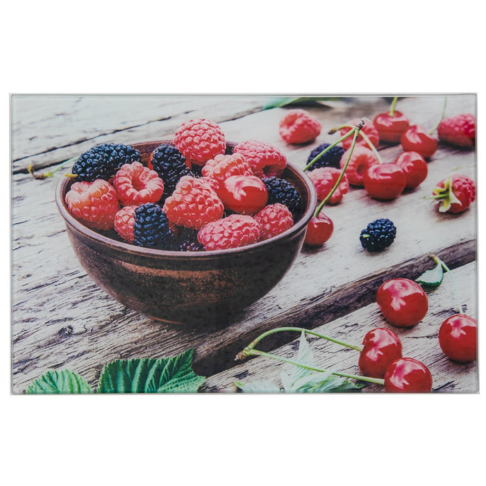 Planche à découper en verre imprimé d’une photo de cerises et autres petits fruits - ensemble de 2