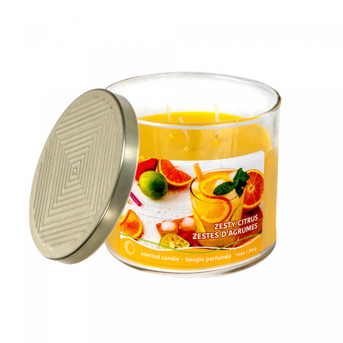 Bougie dans un pot de 14 oz à 3 mèches à arôme de zestes d’agrumes avec couvercle embossé - ensemble de 2