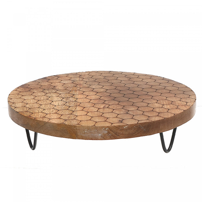Assiette à gâteau sur pied, ronde de 10 po en manguier à motifs d’hexagones