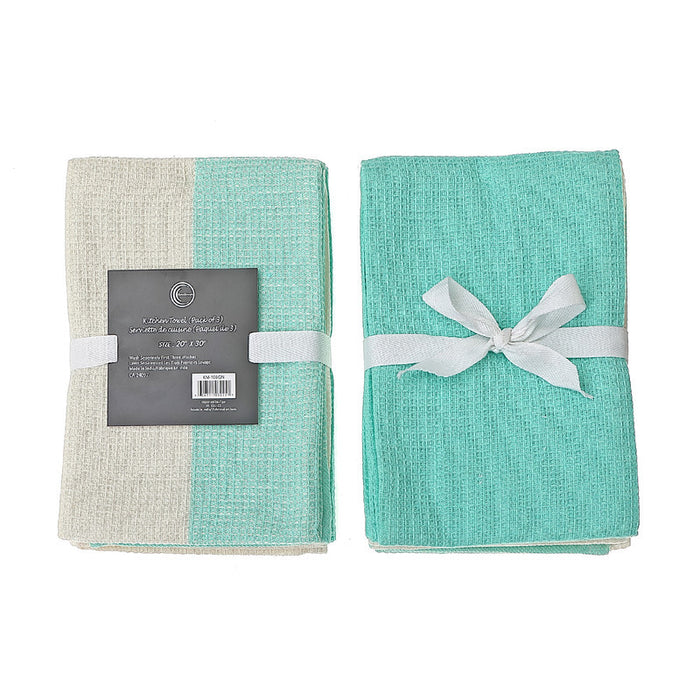 Paquet de 3 linges à vaisselle de couleur écume de mer à motif gaufré double pour la cuisine