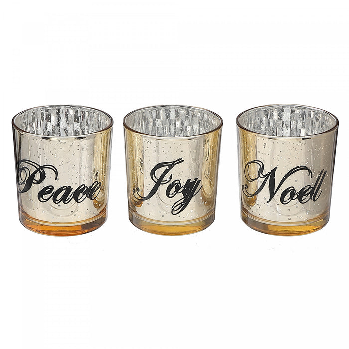 Bougeoirs « Joy », « Noël », et « Peace » pour bougie chauffe-plats en verre - ensemble de 3 bougeoirs