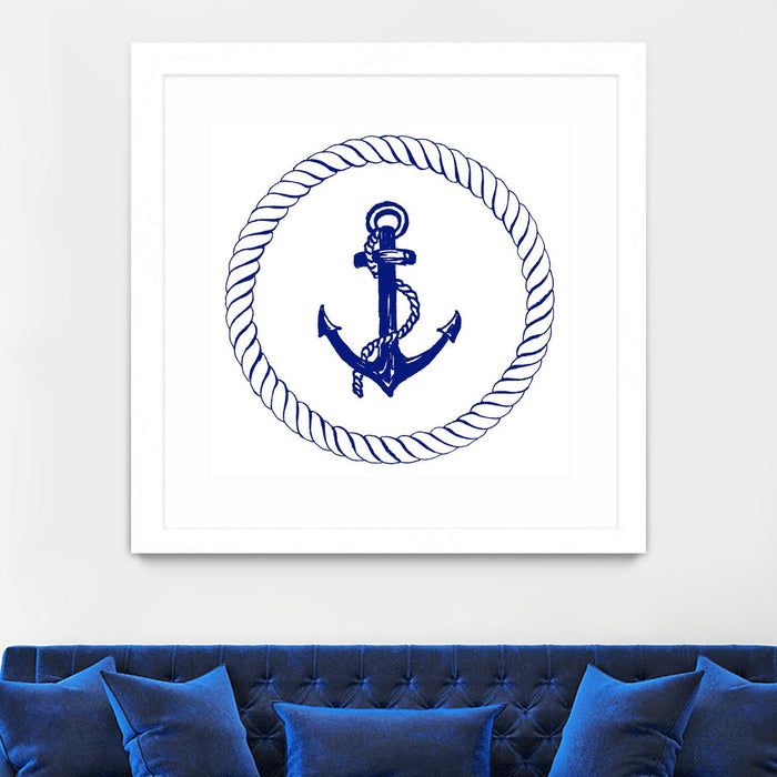 Œuvre d’art murale encadrée blanche et mate « Blue Nautical Circle I » 36 x 36