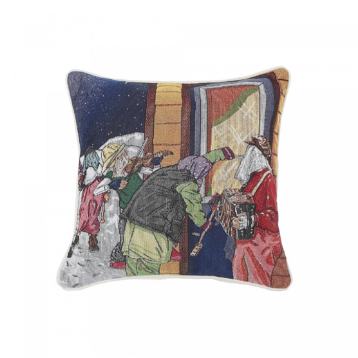 Coussin 18 x 18 en tapisserie orné de gens masqués frappant à la porte - ensemble de 2