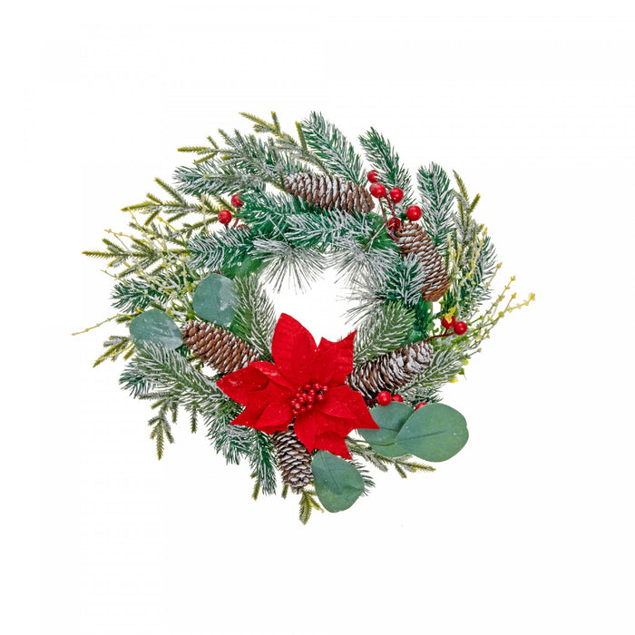 Couronne de 13,5 po avec poinsettia et pommes de pin