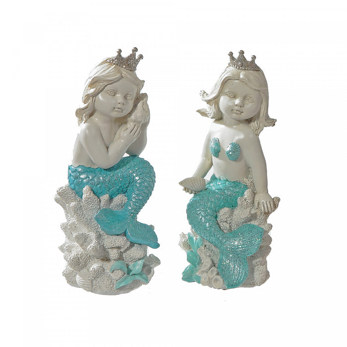 Figurine en polyrésine d’une sirène assise sur un corail 