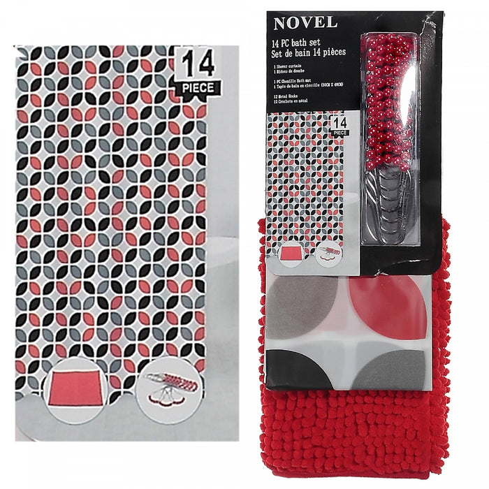 Ensemble 14 pièces en CAV/E à motif de maillon de chaîne avec rideau de douche à 12 crochets et tapis de salle de bain