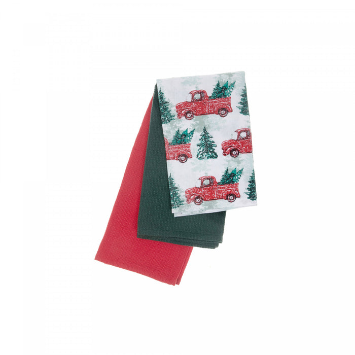 Ensemble de 3 linges à vaisselle à motif de camions rouges et d’arbres - ensemble de 2