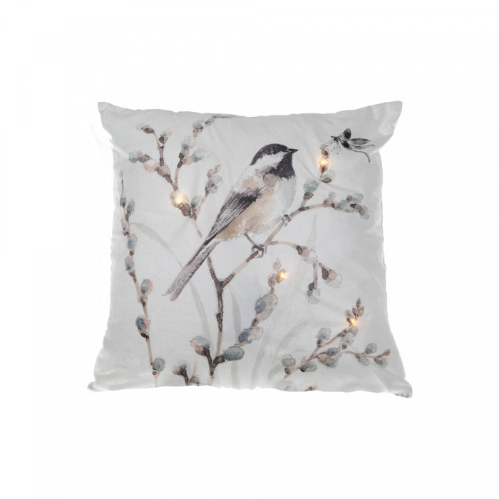 Coussin à DEL 18 x 18 en velours orné d’un oiseau perché sur une branche - ensemble de 2 coussins