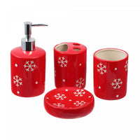 Ensemble de 4 accessoires en céramique rouge à motif de flocons de neige pour la salle de bain