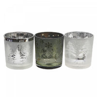 Bougeoirs pour bougie chauffe-plats en verre à motif d’hiver givré - ensemble de 3 bougeoirs