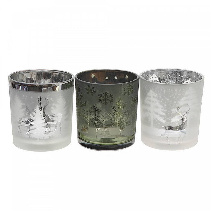 Bougeoirs pour bougie chauffe-plats en verre à motif d’hiver givré - ensemble de 3 bougeoirs