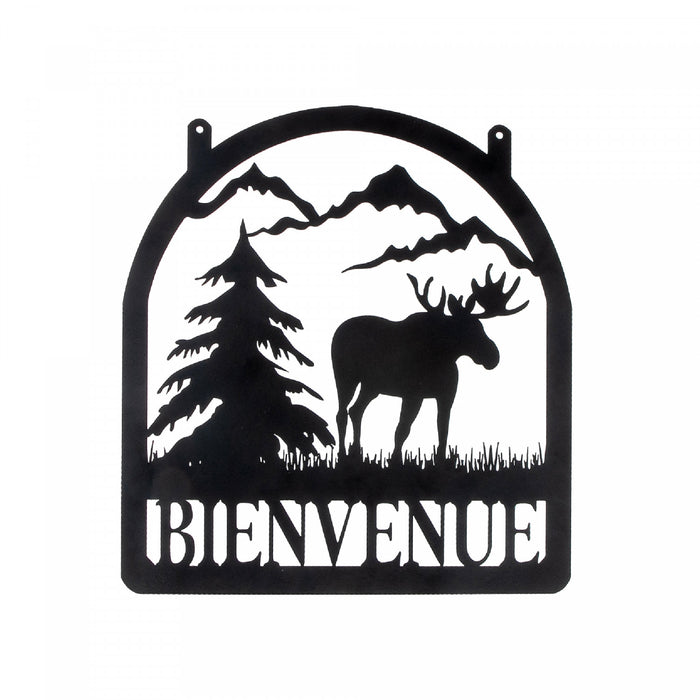 Panneau mural « Bienvenue » en métal orné d’un orignal dans les montagnes