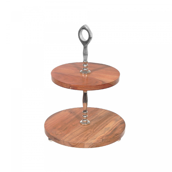 Présentoir à desserts rond en bois à 2 niveaux