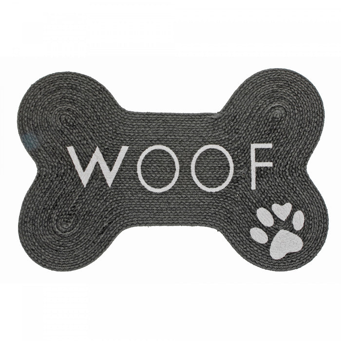 Tapis de plancher pour animaux « Woof » en forme d’os en coton tressé orné d’une empreinte de patte
