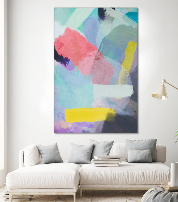 Œuvre d’art murale Giant Art « Brush Painting Texture Abstract In Blue Pink Yellow Green » 72 x 48