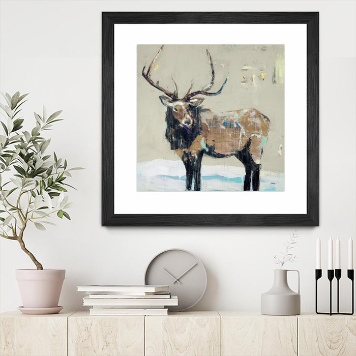 Œuvre d’art murale encadrée noire et mate « Winter Elk Neutral » 36 x 36